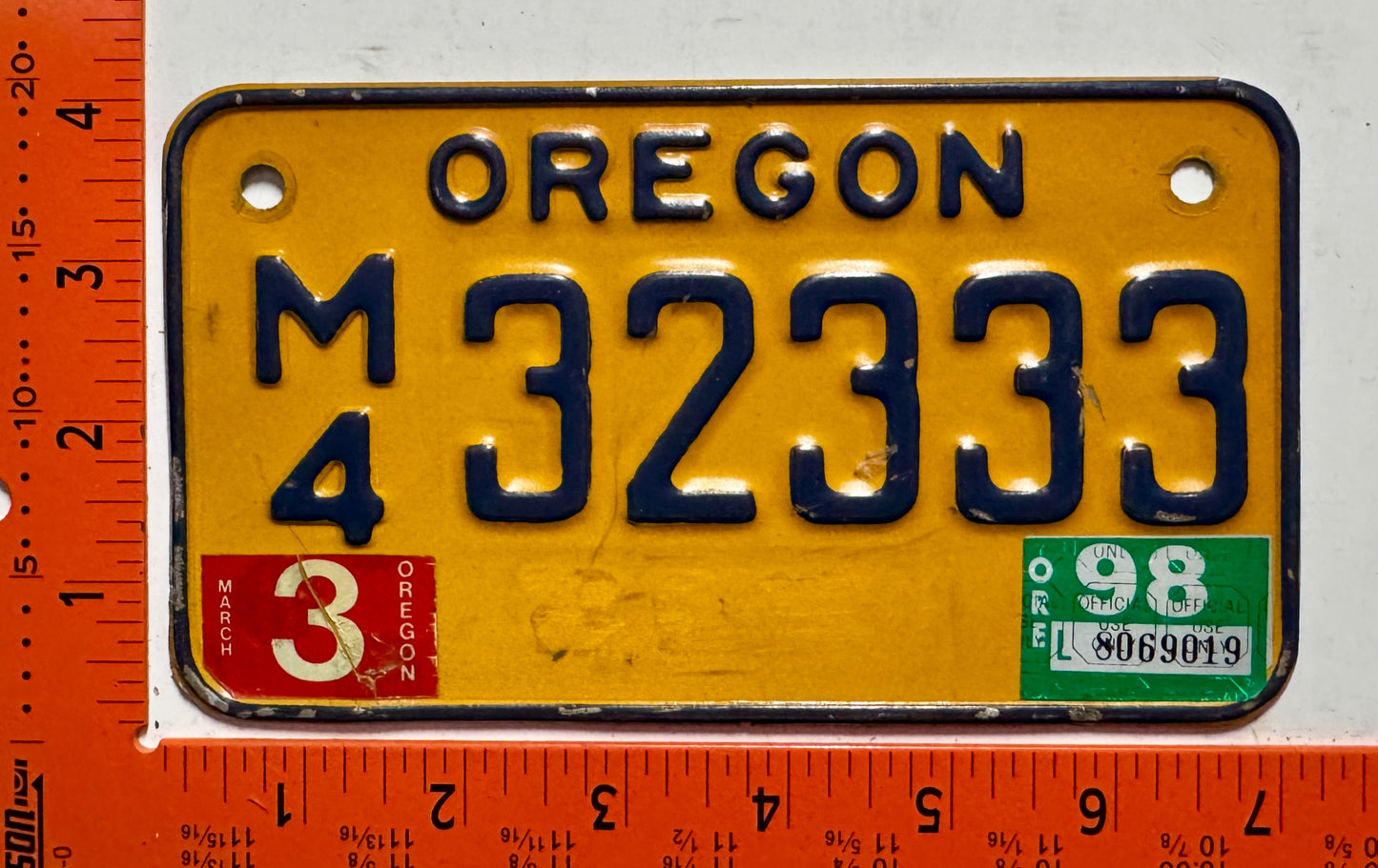 1998 Oregon #M/4 32333 Motorcycle License Plate