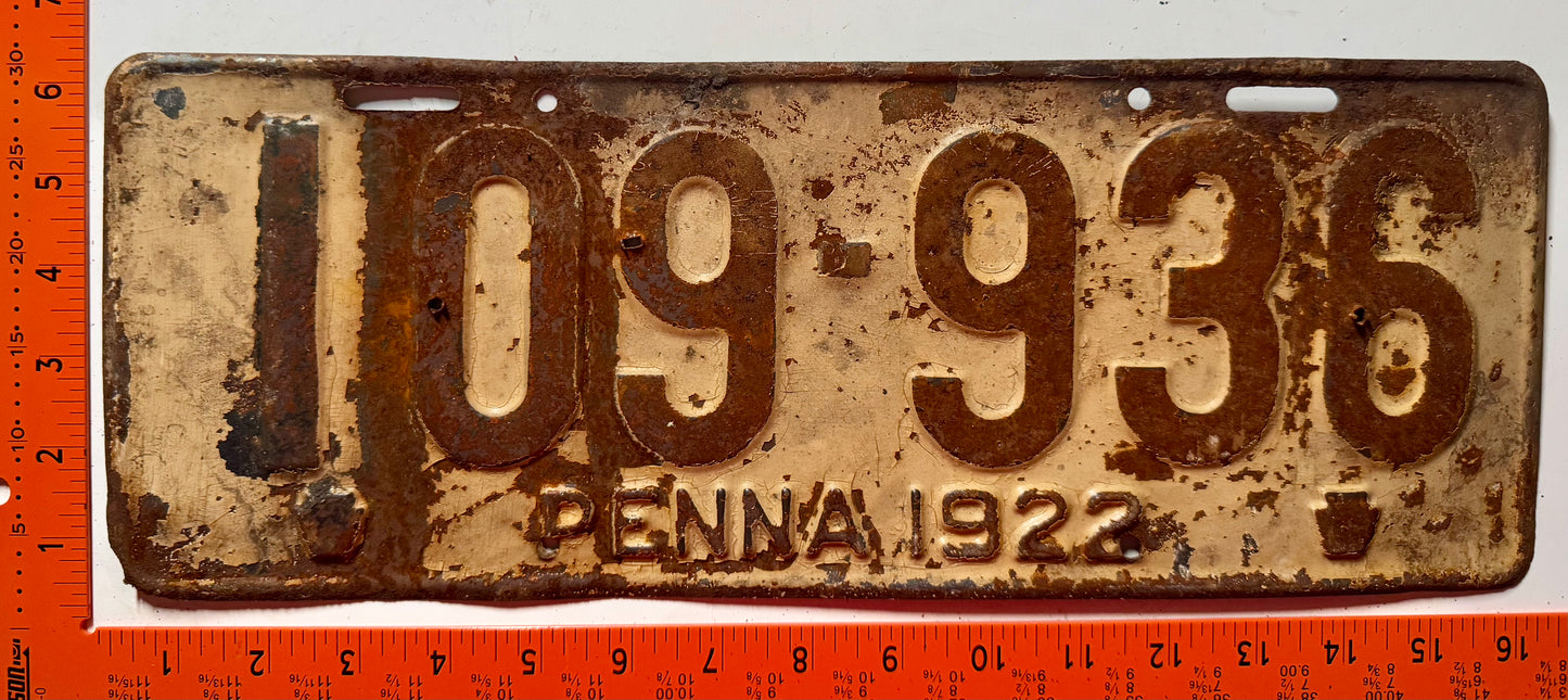 1922 Pennsylvania #109-936 Passenger License Plate