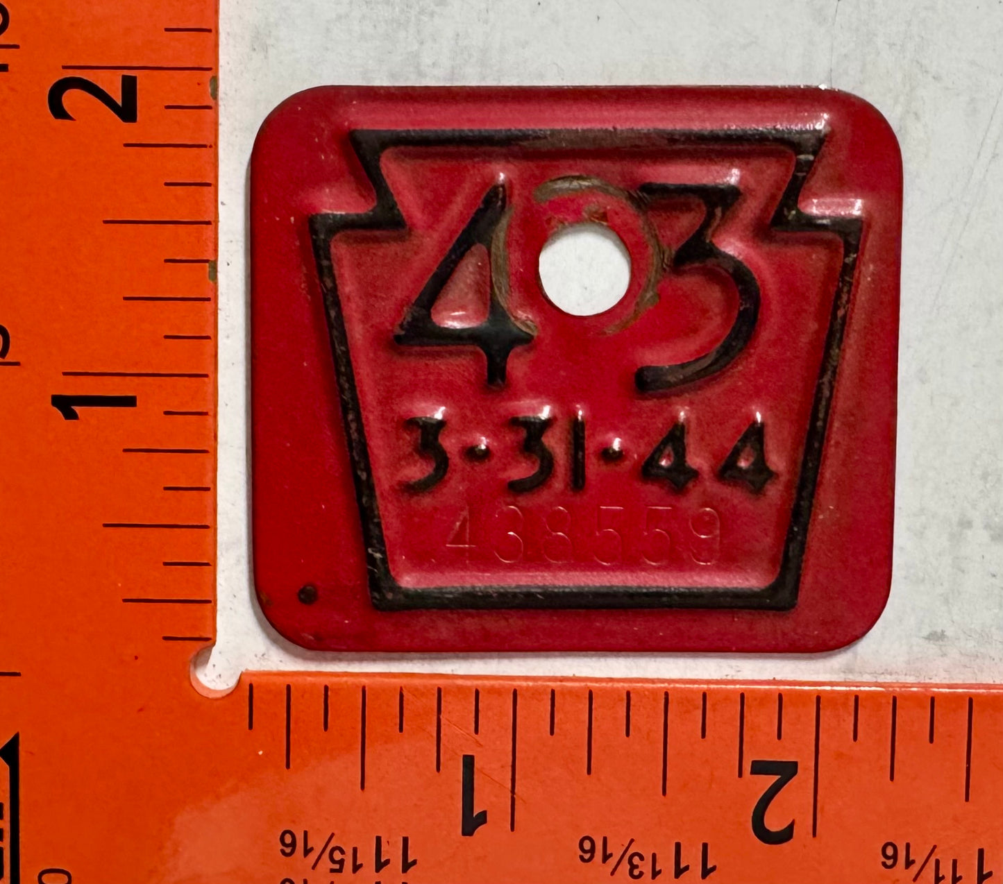 1943 Pennsylvania #438559 Passenger License Plate Date Tab