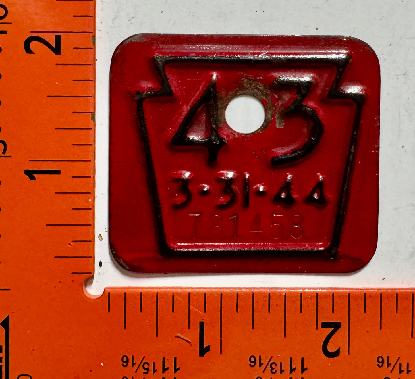 1943 Pennsylvania #781458 Passenger License Plate Date Tab