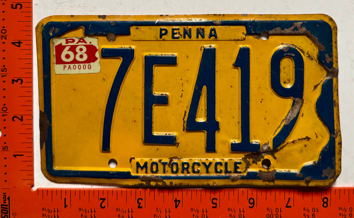 1968 Pennsylvania #7E419 Motorcycle License Plate