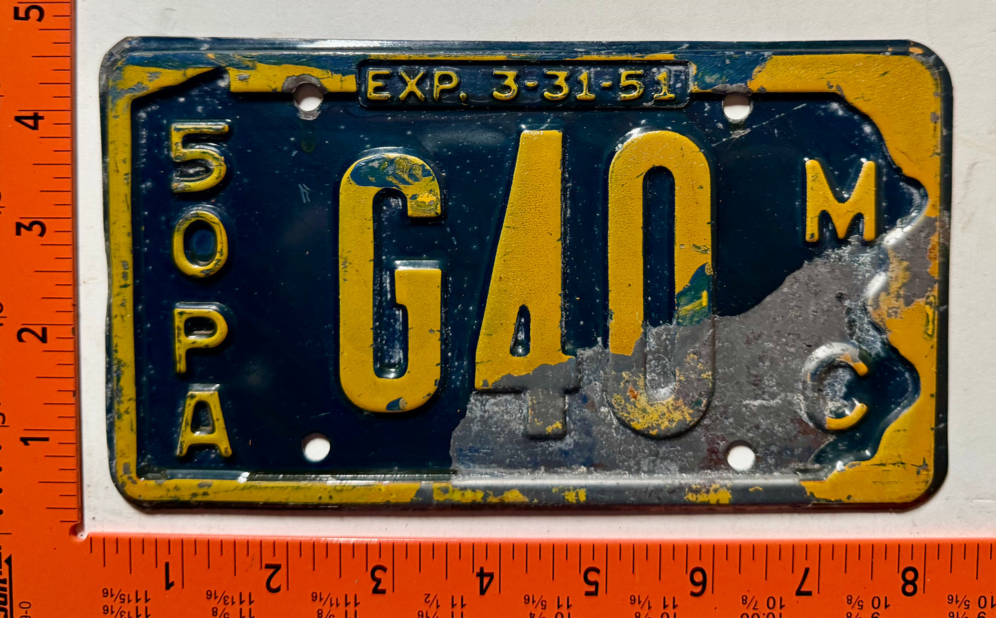 1950/1951 Pennsylvania #G40 Motorcycle License Plate
