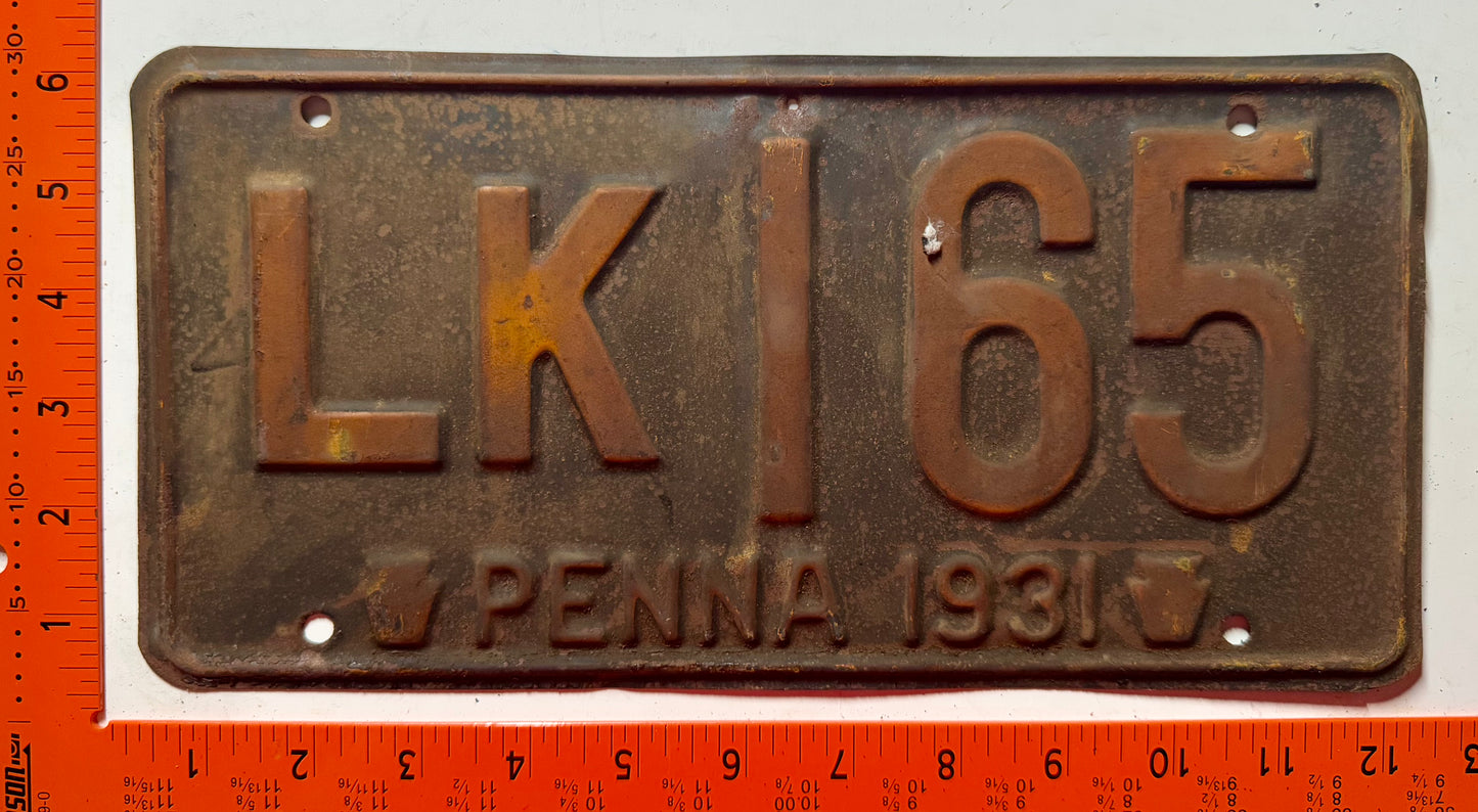 1931 Pennsylvania #LK165 Passenger License Plate