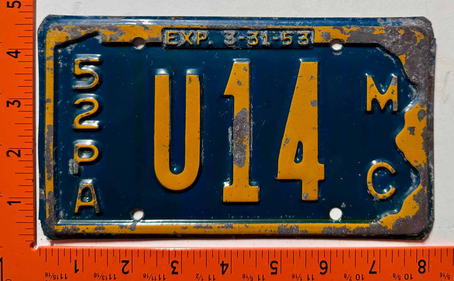 1952/1953 Pennsylvania #U14 Motorcycle License Plate