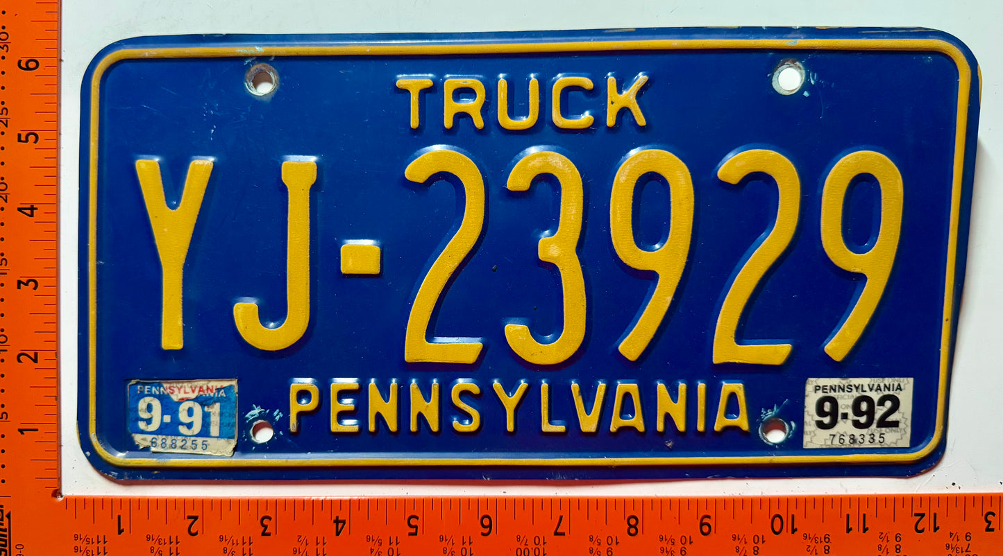 1991/1992 Pennsylvania #YJ-23929 Truck License Plate
