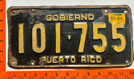 1963/1964 Puerto Rico #101-755 Government License Plate