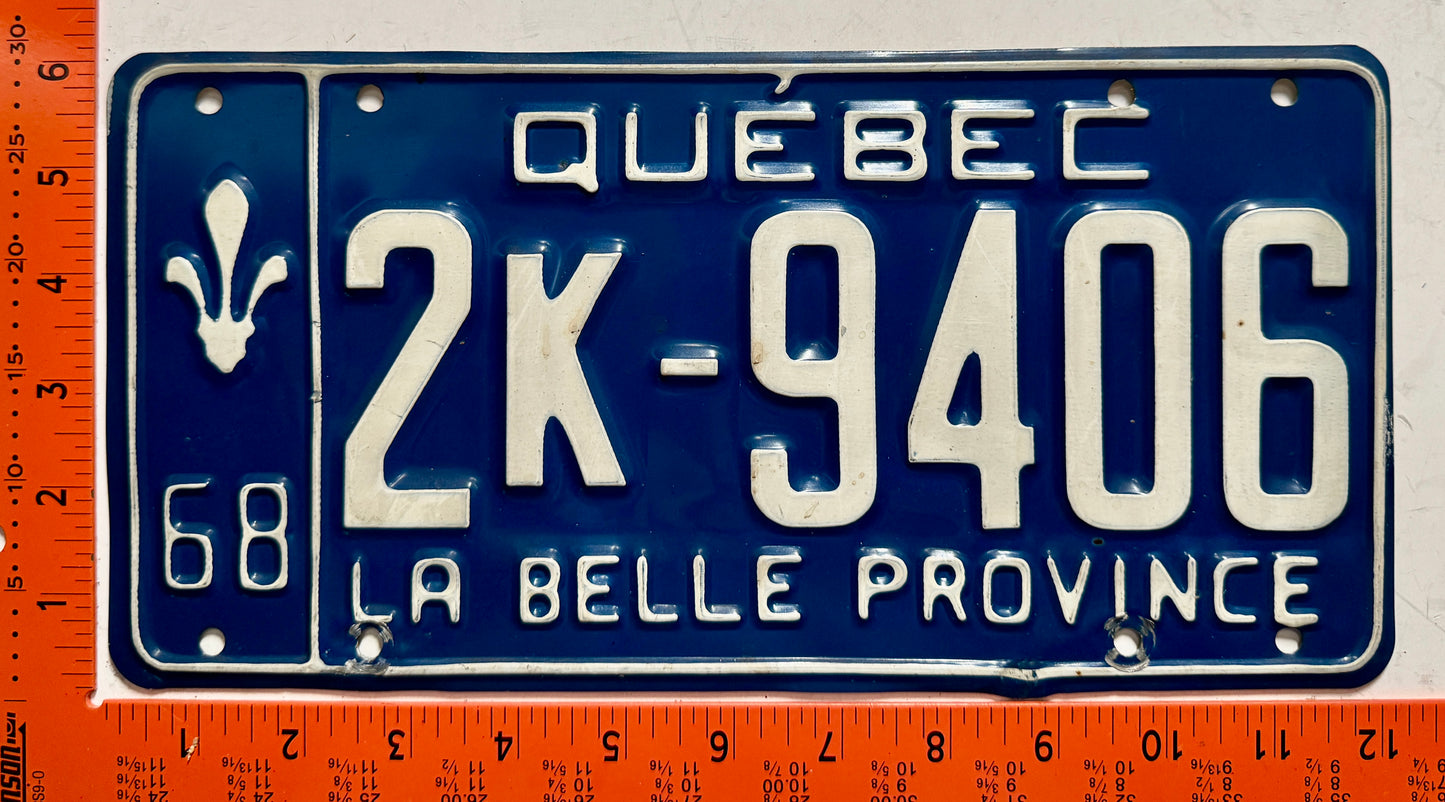 1968 Quebec #2K-9406 Passenger License Plate