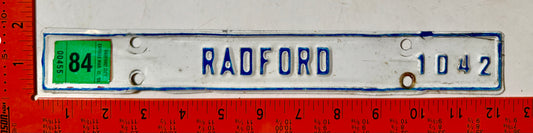 1984/1985 Radford, Virginia #1042 License Plate