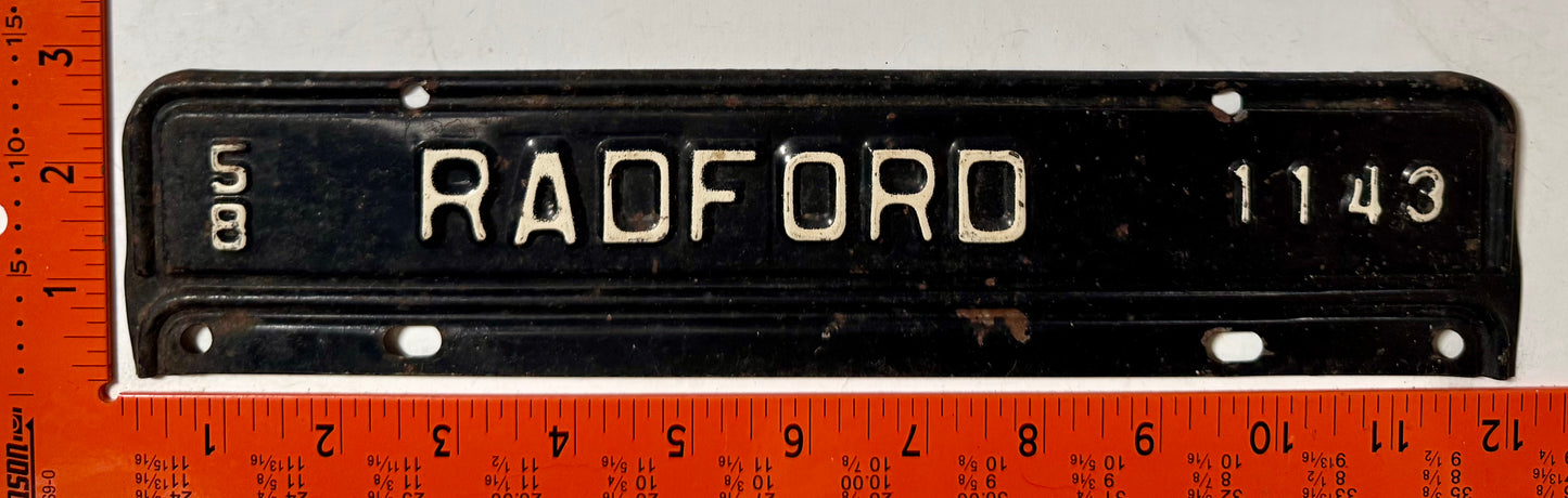 1958 Radford, Virginia #1143 License Plate