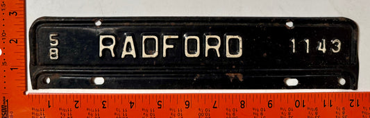 1958 Radford, Virginia #1143 License Plate