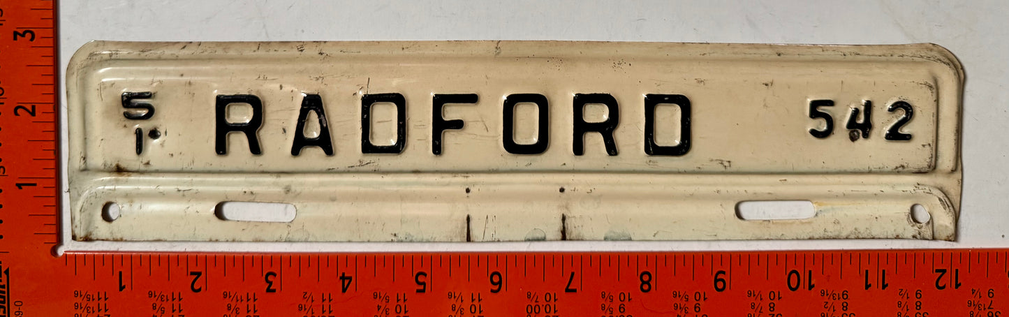 1951 Radford, Virginia #542 License Plate