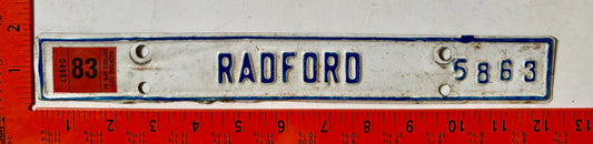 1983/1984 Radford, Virginia #5863 License Plate