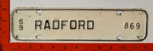 1959 Radford, Virginia #869 License Plate