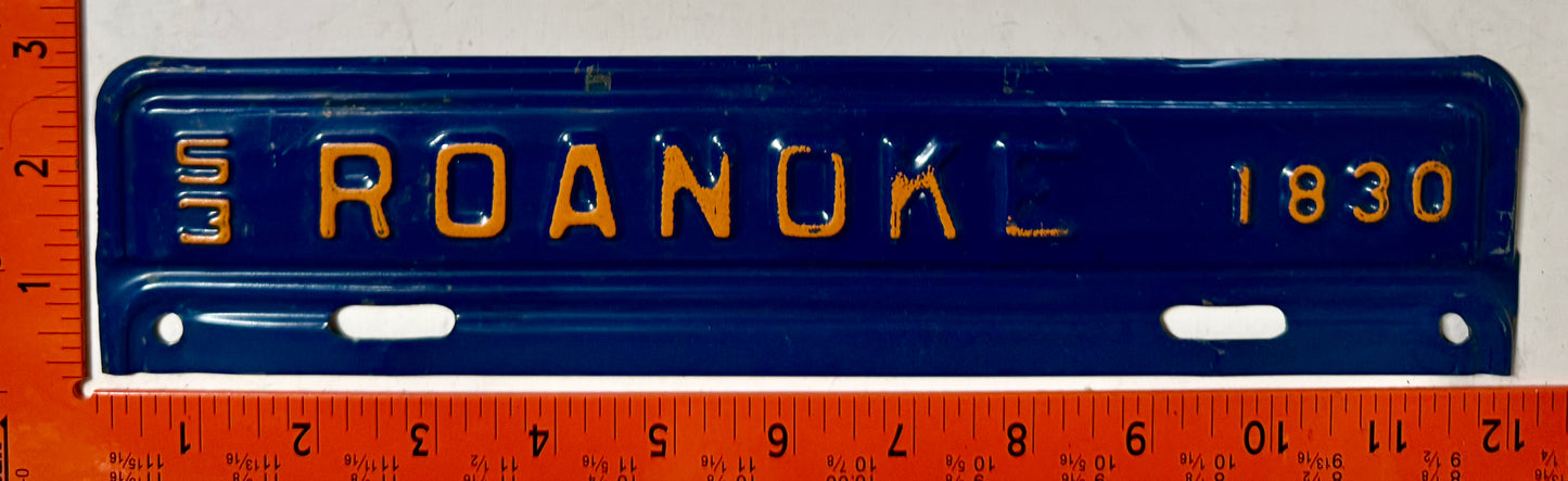 1953 Roanoke, Virginia #1830 License Plate