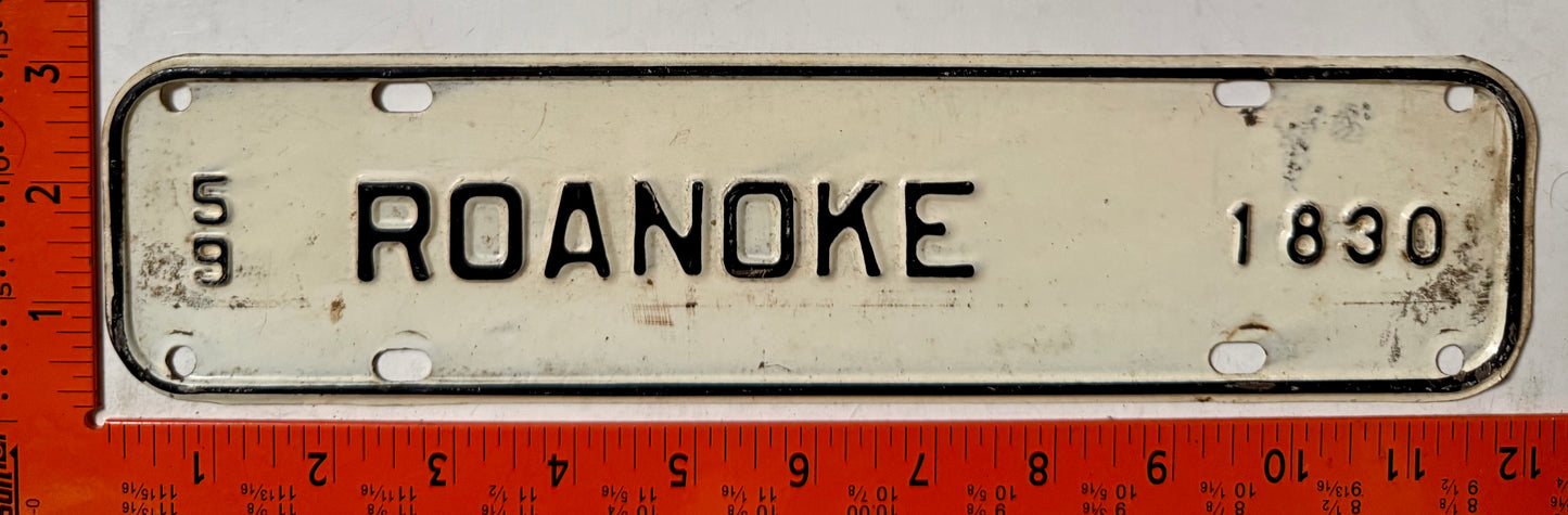 1959 Roanoke, Virginia #1830 License Plate