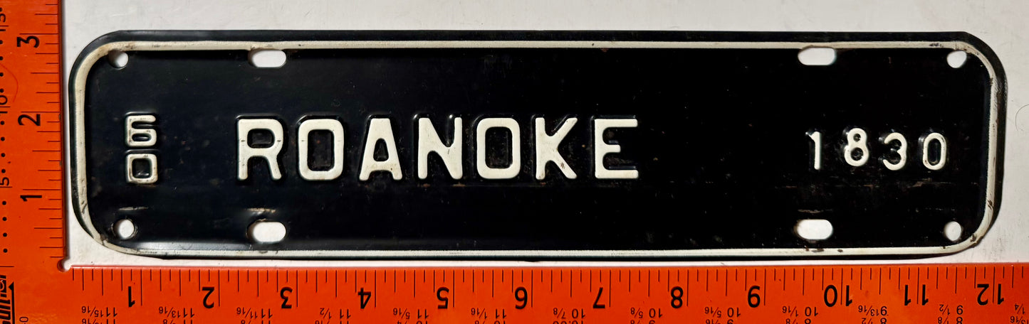 1960 Roanoke, Virginia #1830 License Plate