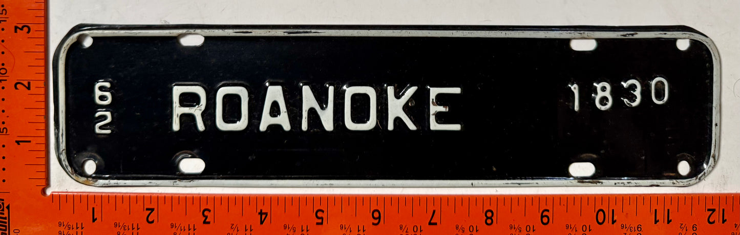 1962 Roanoke, Virginia #1830 License Plate