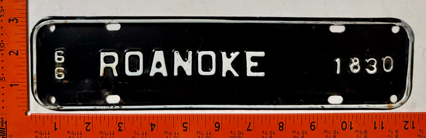 1966 Roanoke, Virginia #1830 License Plate