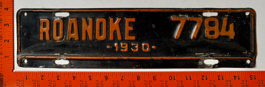 1930 Roanoke, Virginia #7784 License Plate