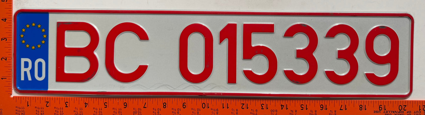 1992 series Romania #BC 015339 Provisional License Plate