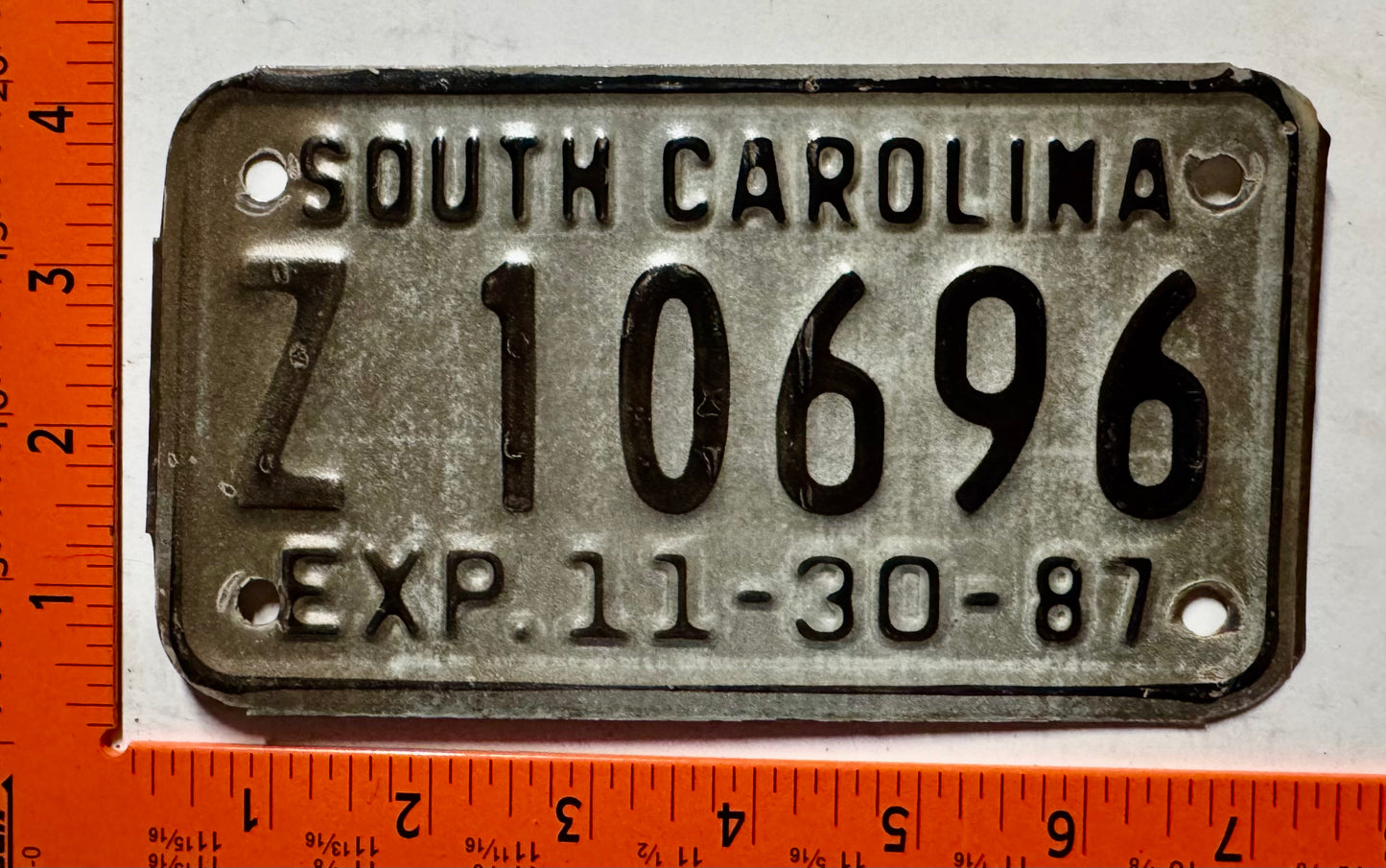 1987 South Carolina #Z 10696 Motorcycle License Plate