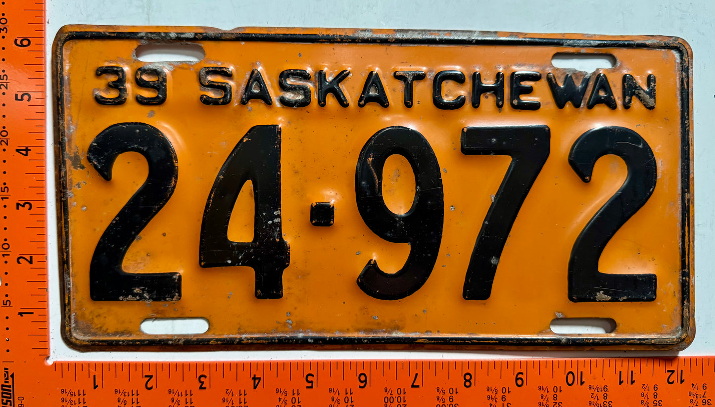 1939 Saskatchewan #24-972 Passenger License Plate