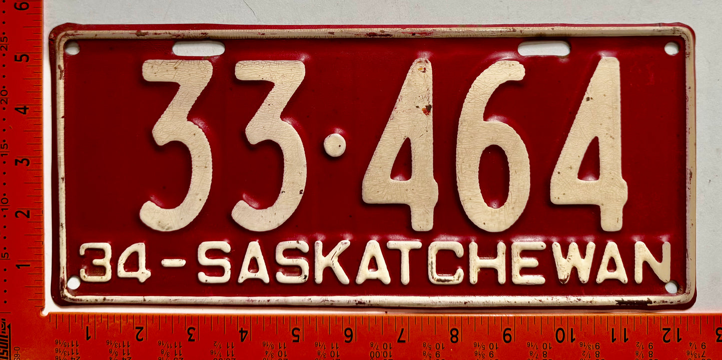 1934 Saskatchewan #33-464 Passenger License Plate