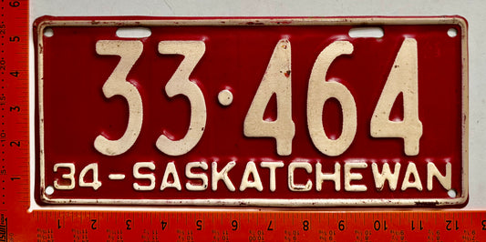 1934 Saskatchewan #33-464 Passenger License Plate
