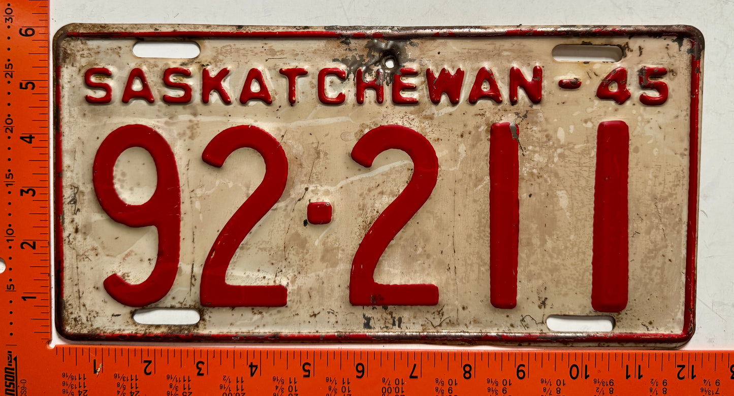 1945 Saskatchewan #92-211 Passenger License Plate