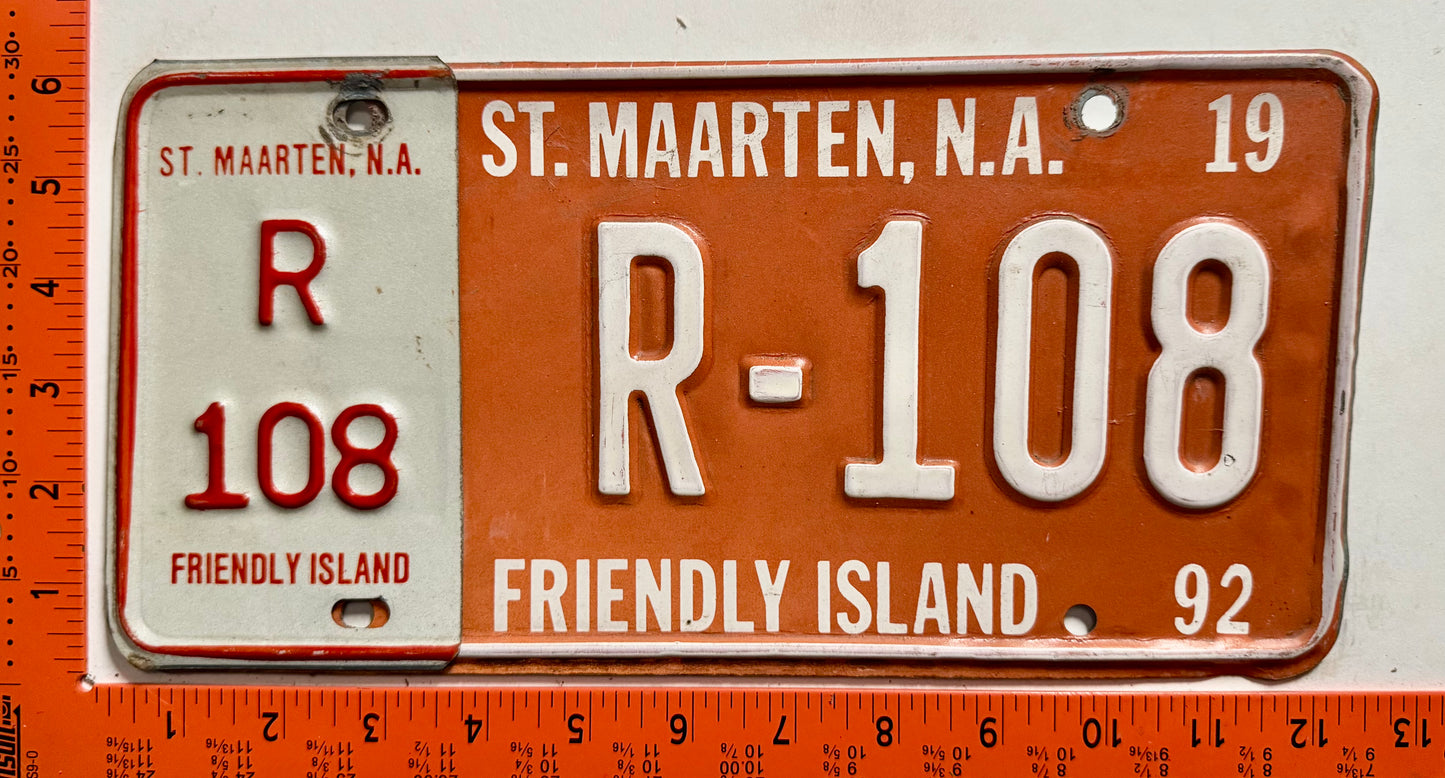 1992 St Maarten #R-108 Rental License Plate