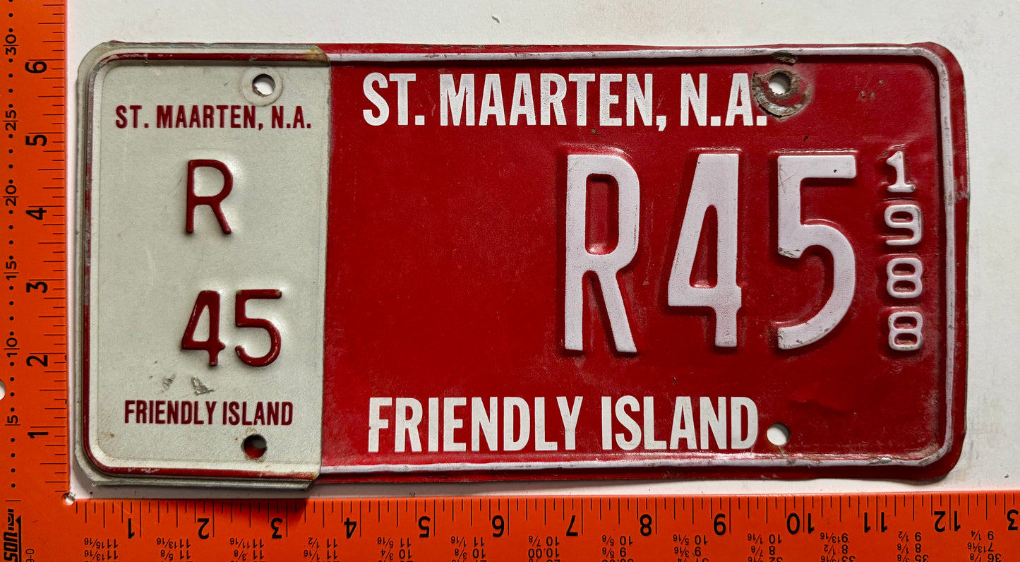 1988 St Maarten #R45 Rental License Plate