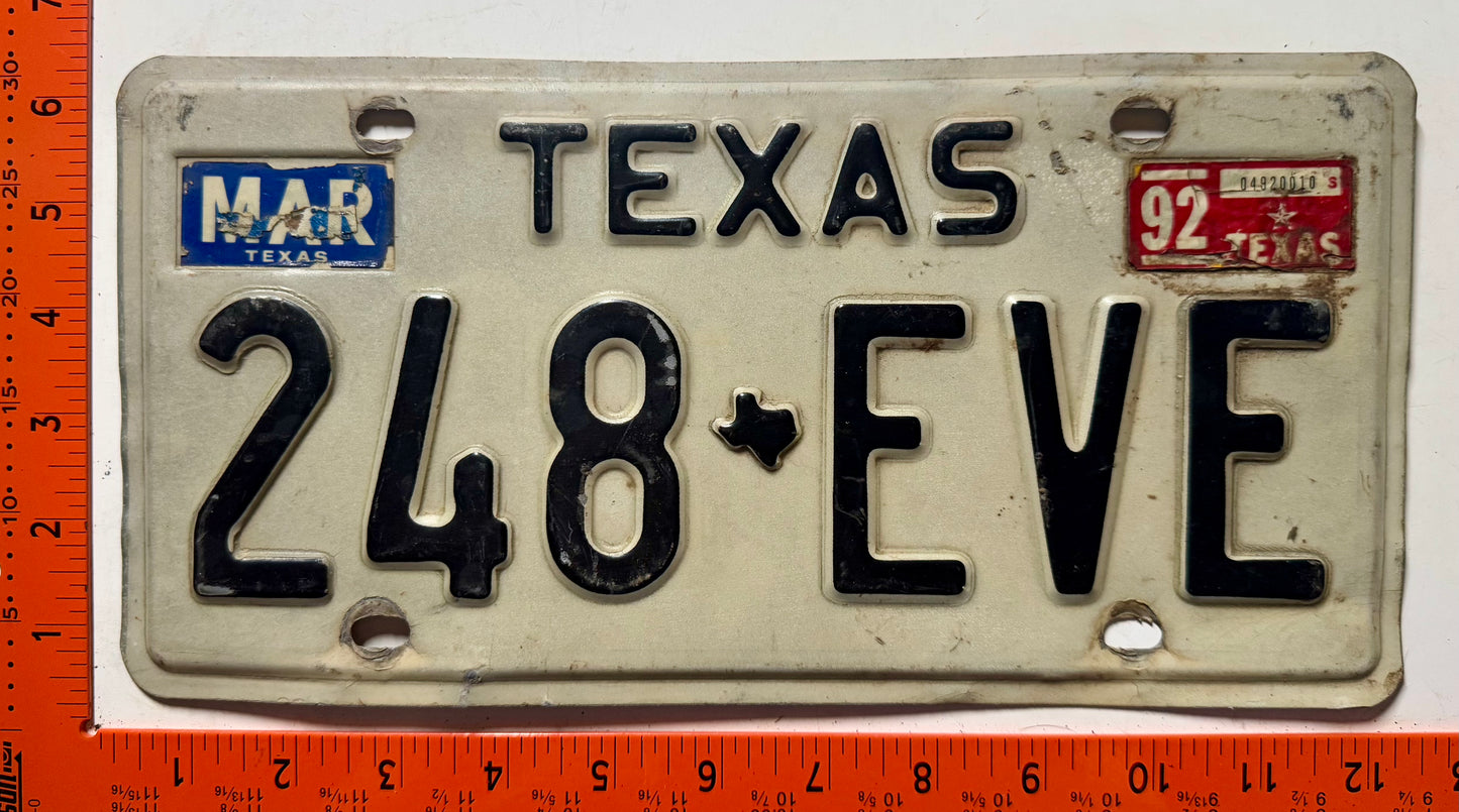 1992 Texas #248-EVE Passenger License Plate