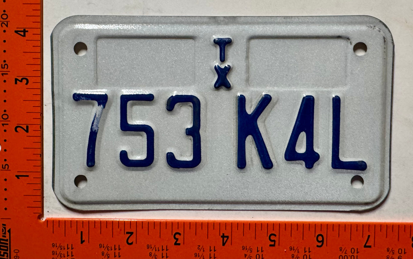 1991 base Texas #753 K4L Motorcycle License Plate