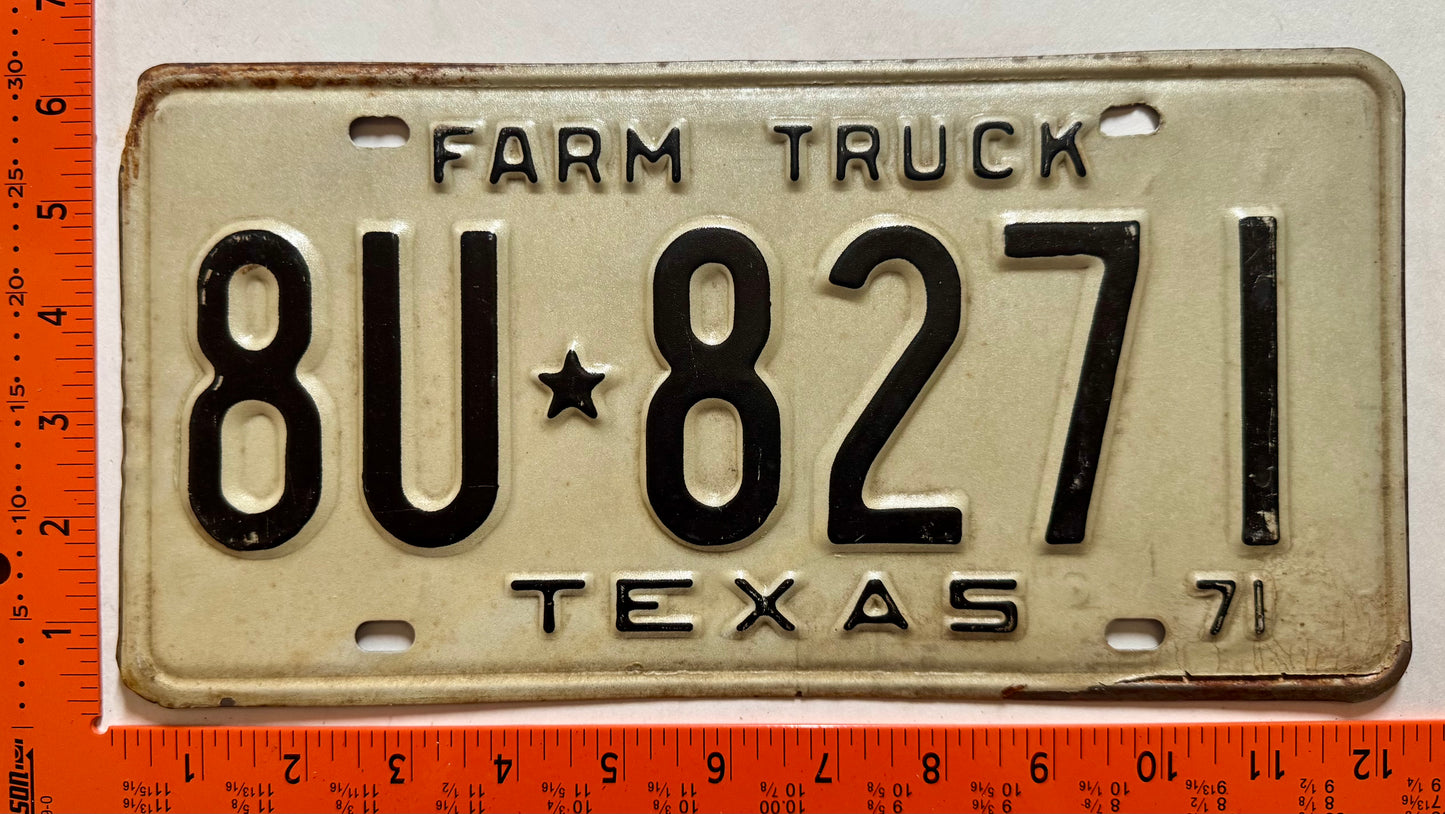1971 Texas #8U*8271 Farm Truck License Plate