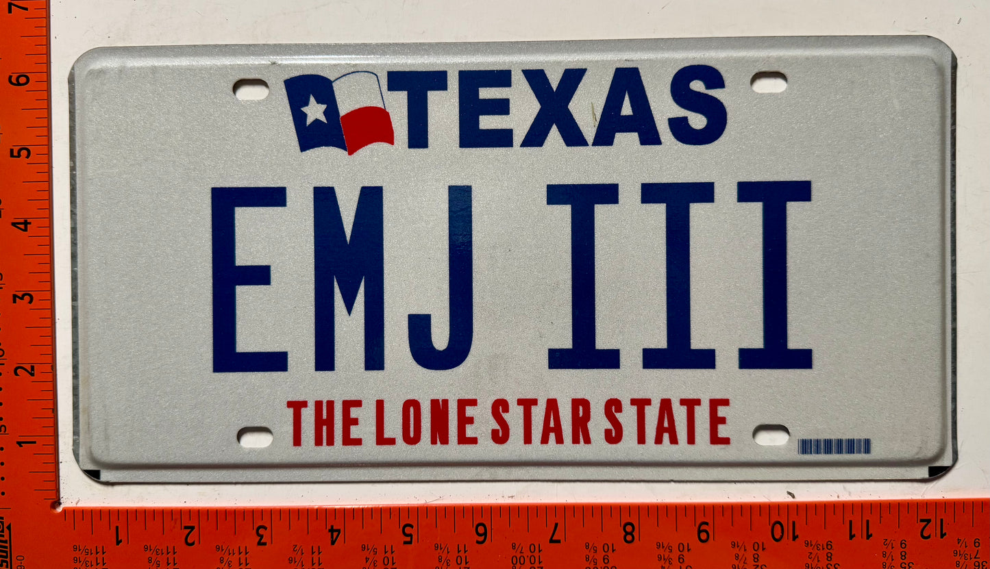 undated Texas #EMJ III Passenger Vanity License Plate