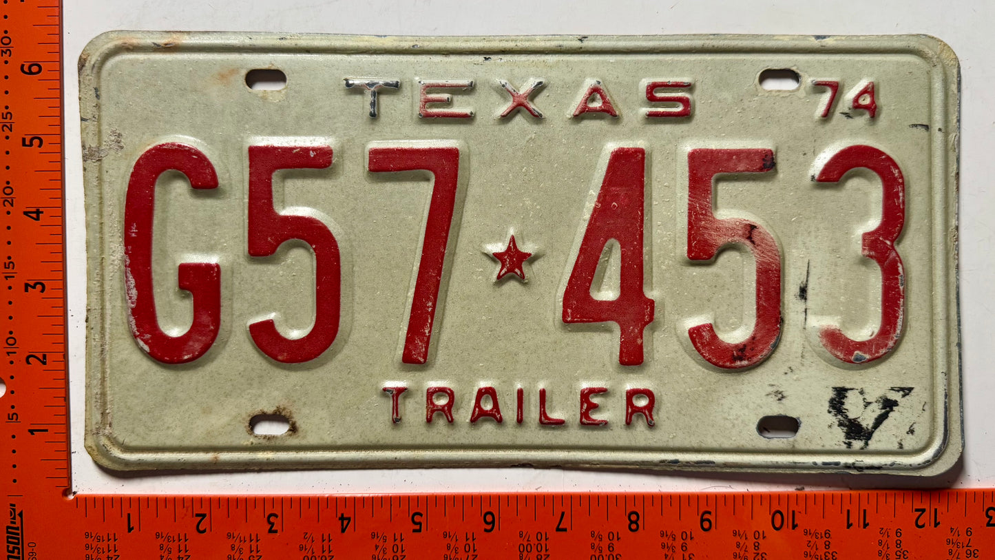 1974 Texas #G57*453 Trailer License Plate