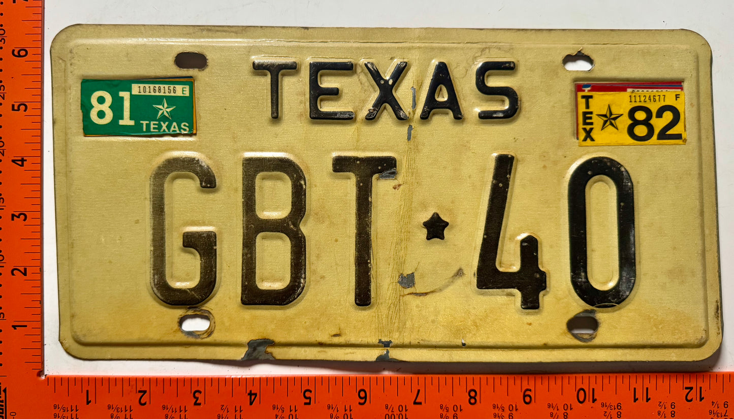 1981/1982 Texas #GBT*40 Passenger License Plate