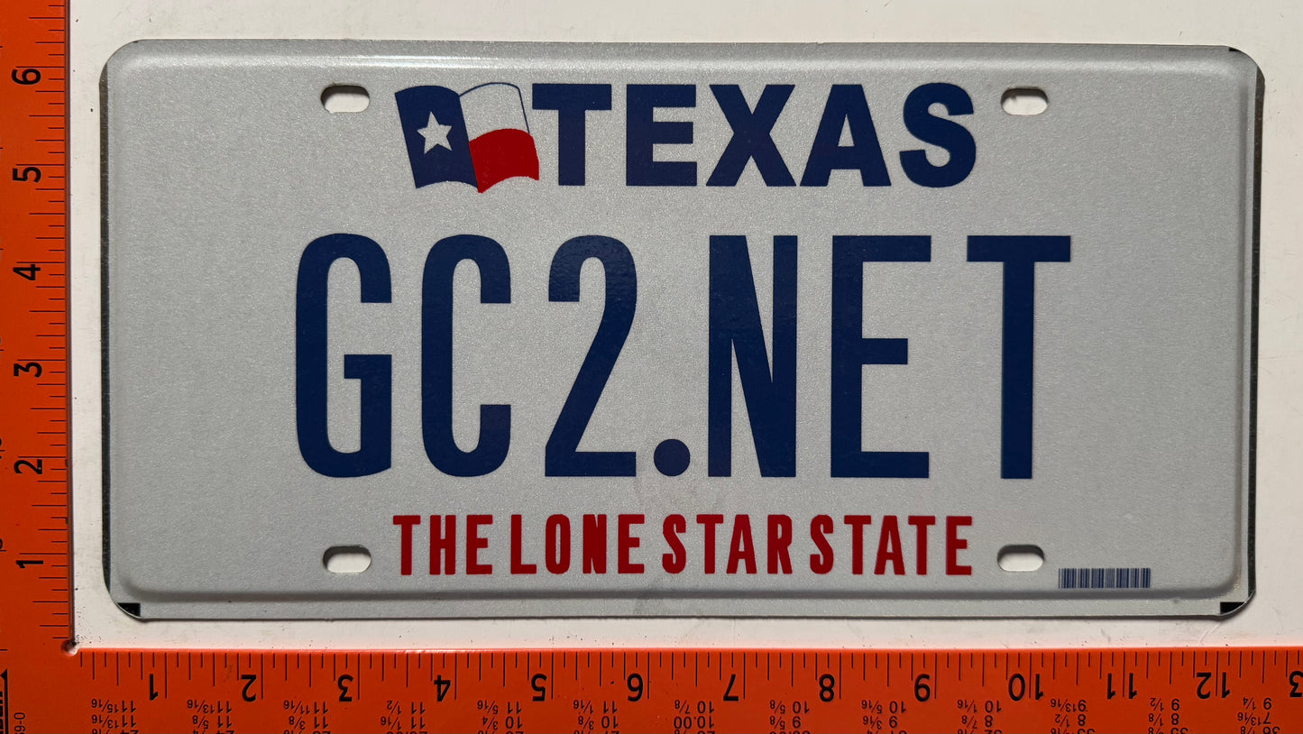 undated Texas #GC2.NET Passenger Vanity License Plate