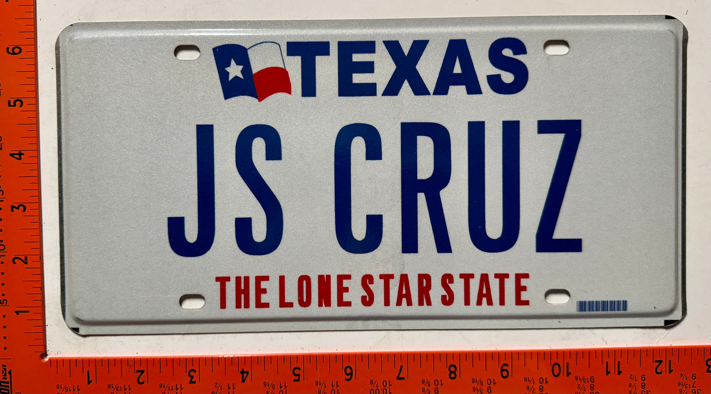 undated Texas #JS CRUZ Passenger Vanity License Plate