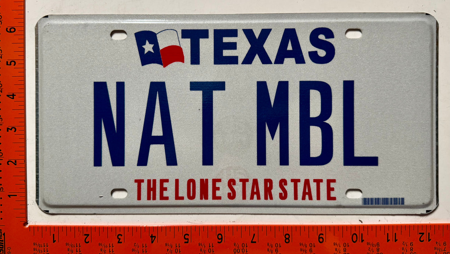 undated Texas #NAT MBL Passenger Vanity License Plate
