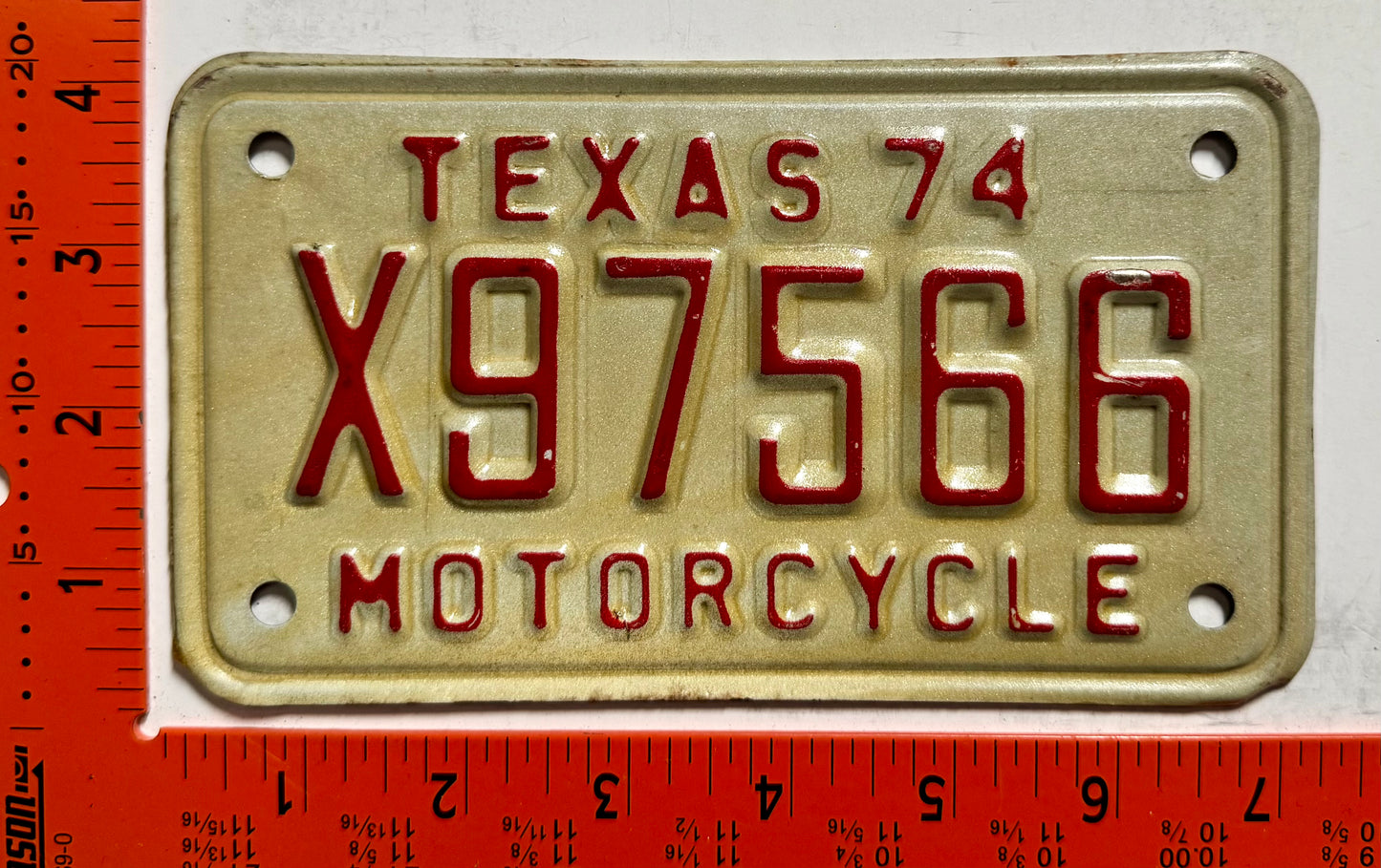 1974 Texas #X97566 Motorcycle License Plate