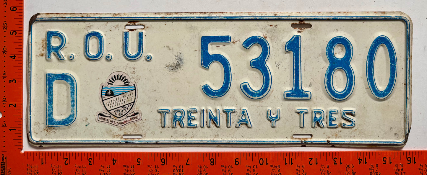 undated Uruguay #D 53180 Passenger License Plate