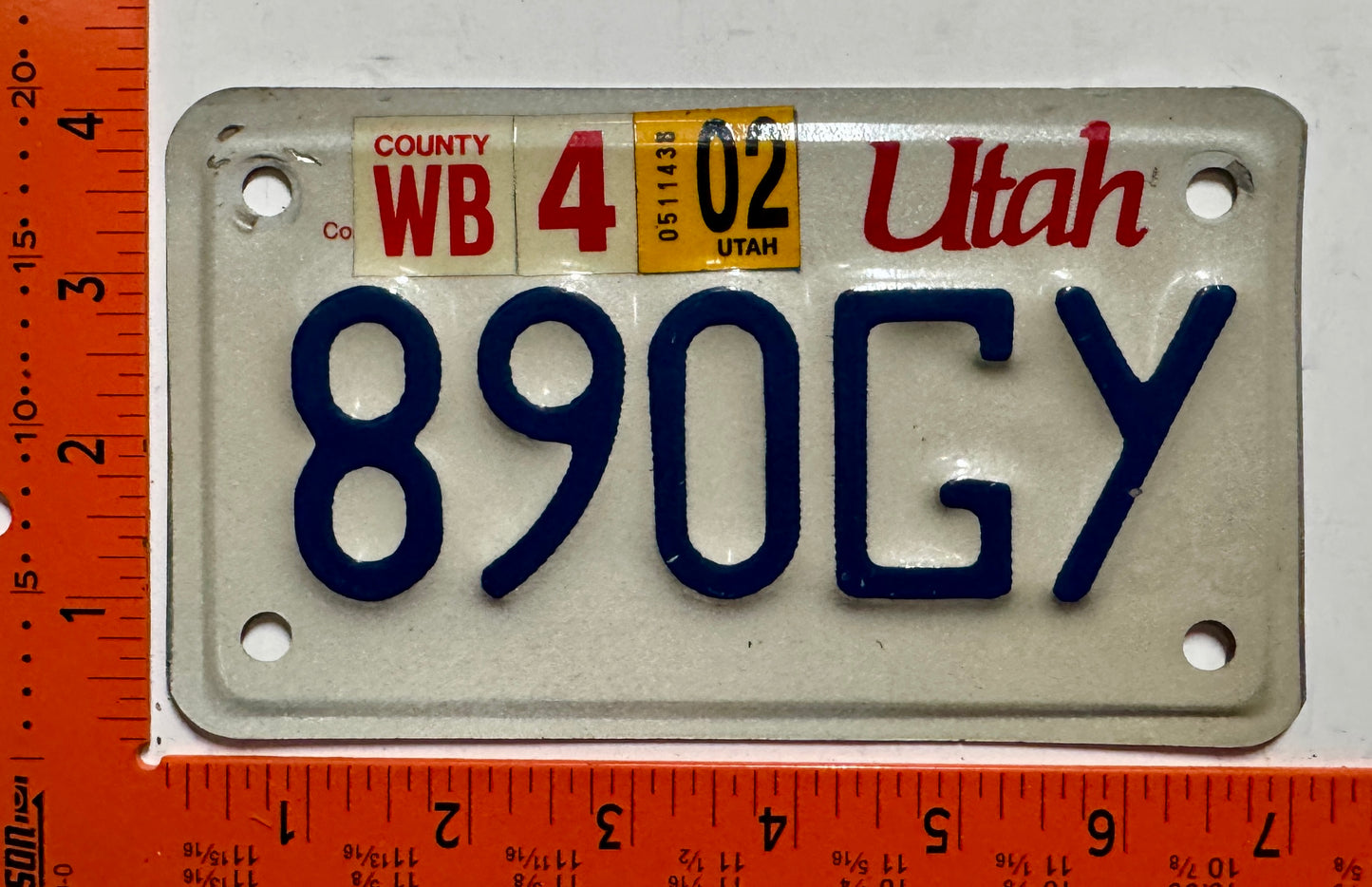 2002 Utah #890GY Motorcycle License Plate