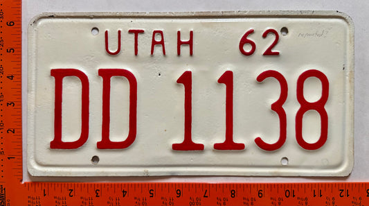 1962 Utah #DD 1138 Passenger License Plate (repaint)
