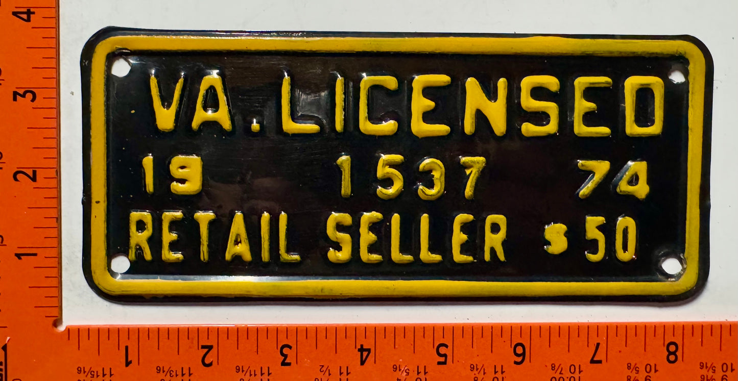 1974 Virginia #1537 Licensed Retail Seller License Plate