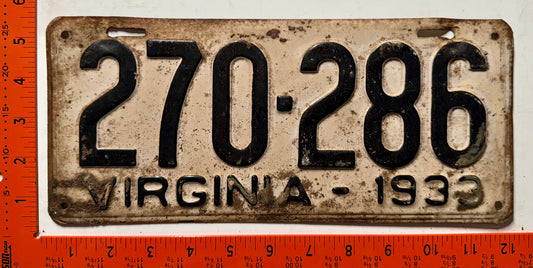 1933 Virginia #270-286 Passenger License Plate