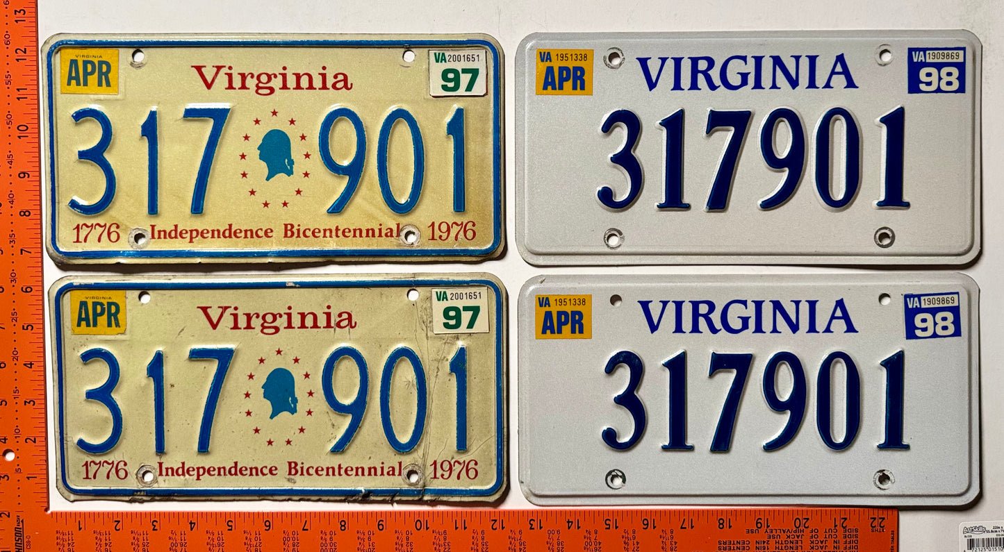 1997 Virginia #317 901 Passenger Bicentennial License Plate (Pair)