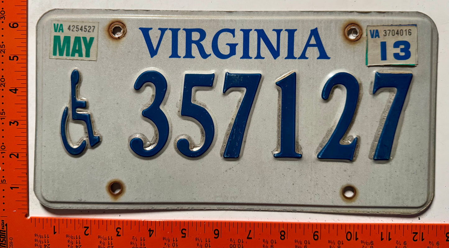 2013 Virginia #357127 Handicapped License Plate