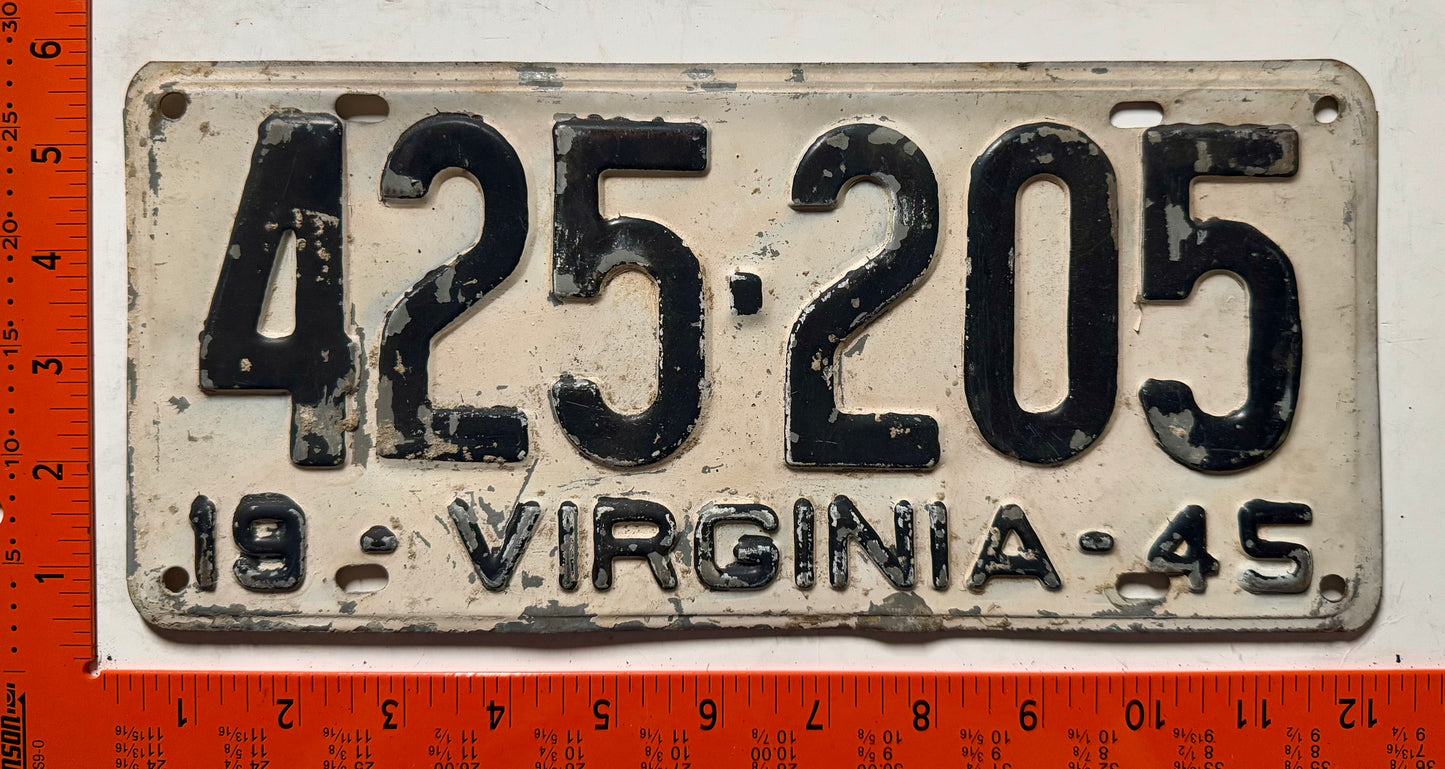 1945 Virginia #425-205 Passenger License Plate