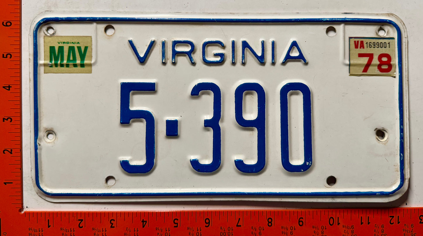 1978 Virginia #5-390 Passenger License Plate
